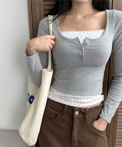 듀레 잔꽃패턴 캡내장 레이어드 일체형 긴팔티셔츠 그레이