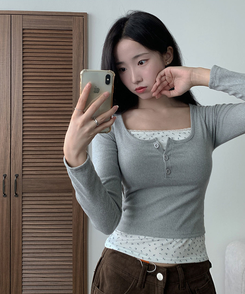 듀레 잔꽃패턴 캡내장 레이어드 일체형 긴팔티셔츠 그레이