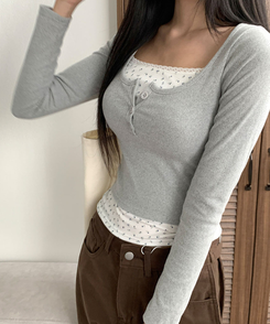 듀레 잔꽃패턴 캡내장 레이어드 일체형 긴팔티셔츠 그레이