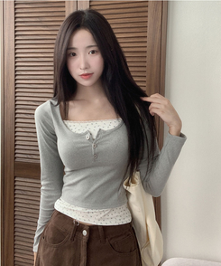 듀레 잔꽃패턴 캡내장 레이어드 일체형 긴팔티셔츠 그레이