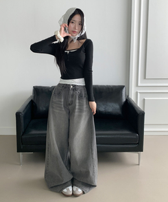 듀레 잔꽃패턴 캡내장 레이어드 일체형 긴팔티셔츠 블랙