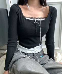 듀레 잔꽃패턴 캡내장 레이어드 일체형 긴팔티셔츠 블랙