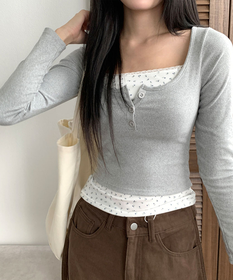 듀레 잔꽃패턴 캡내장 레이어드 일체형 긴팔티셔츠 그레이