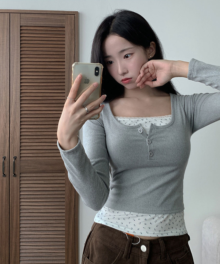 듀레 잔꽃패턴 캡내장 레이어드 일체형 긴팔티셔츠 그레이