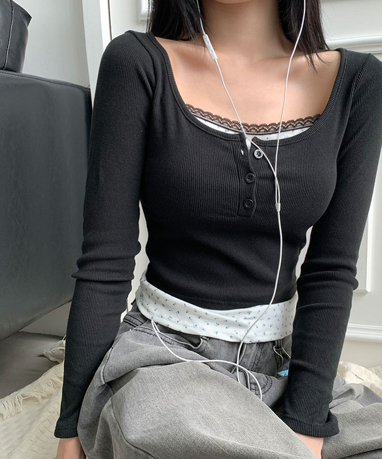 듀레 잔꽃패턴 캡내장 레이어드 일체형 긴팔티셔츠 블랙