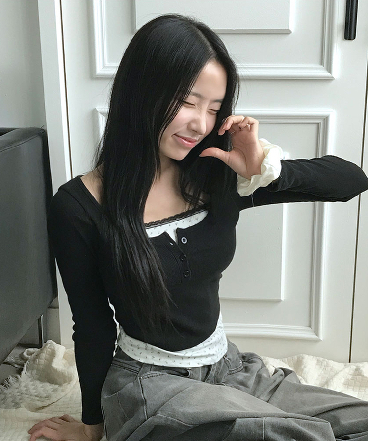 듀레 잔꽃패턴 캡내장 레이어드 일체형 긴팔티셔츠 블랙
