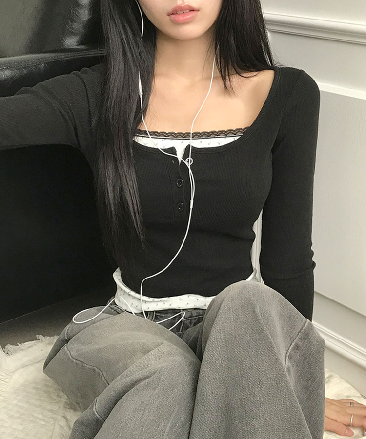 듀레 잔꽃패턴 캡내장 레이어드 일체형 긴팔티셔츠 블랙