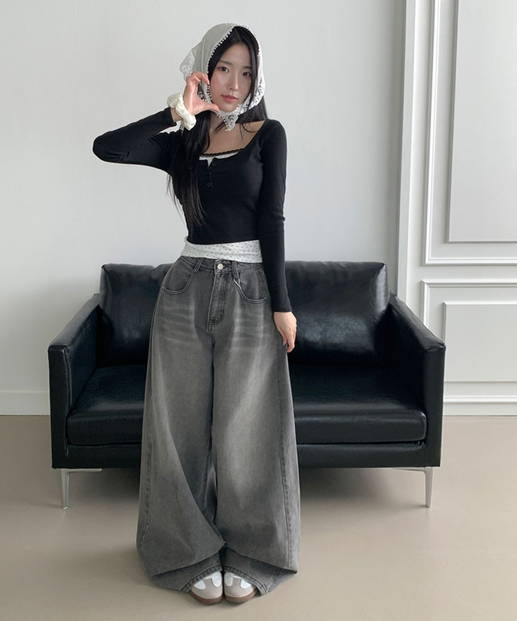 듀레 잔꽃패턴 캡내장 레이어드 일체형 긴팔티셔츠 블랙