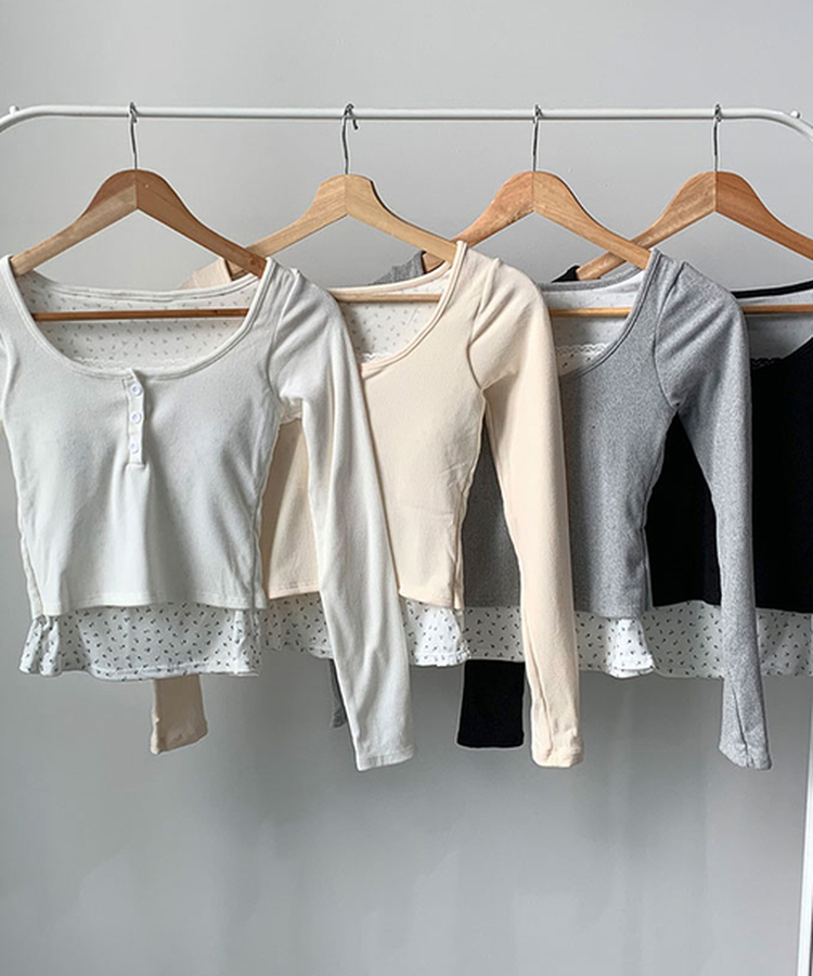 듀레 잔꽃패턴 캡내장 레이어드 일체형 긴팔티셔츠