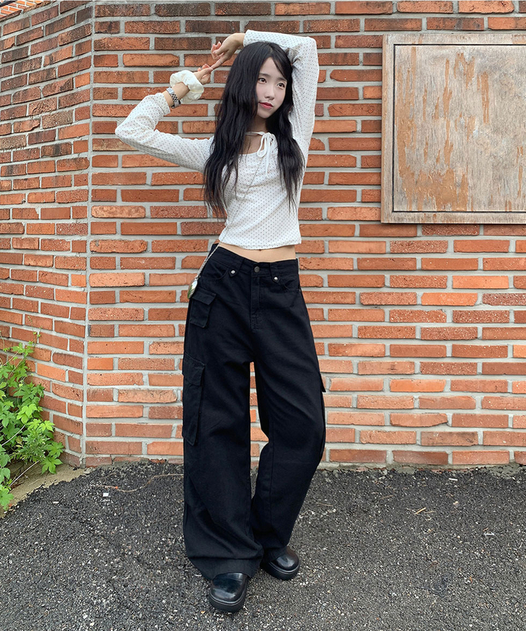 모닝 라운드넥 도트 초커 리본 스트랩 롱슬리브 긴팔티셔츠