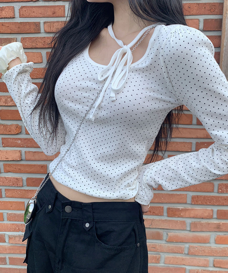 모닝 라운드넥 도트 초커 리본 스트랩 롱슬리브 긴팔티셔츠