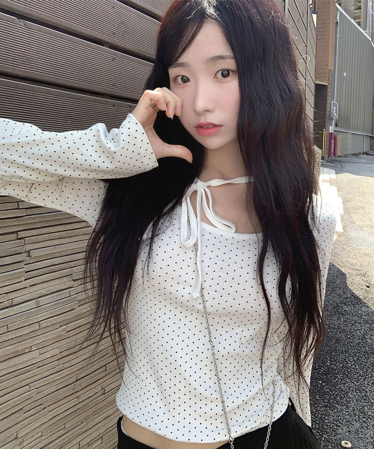 모닝 라운드넥 도트 초커 리본 스트랩 롱슬리브 긴팔티셔츠