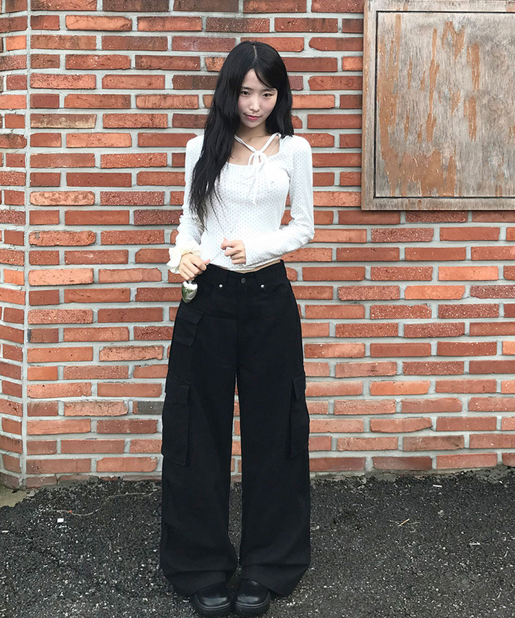 모닝 라운드넥 도트 초커 리본 스트랩 롱슬리브 긴팔티셔츠