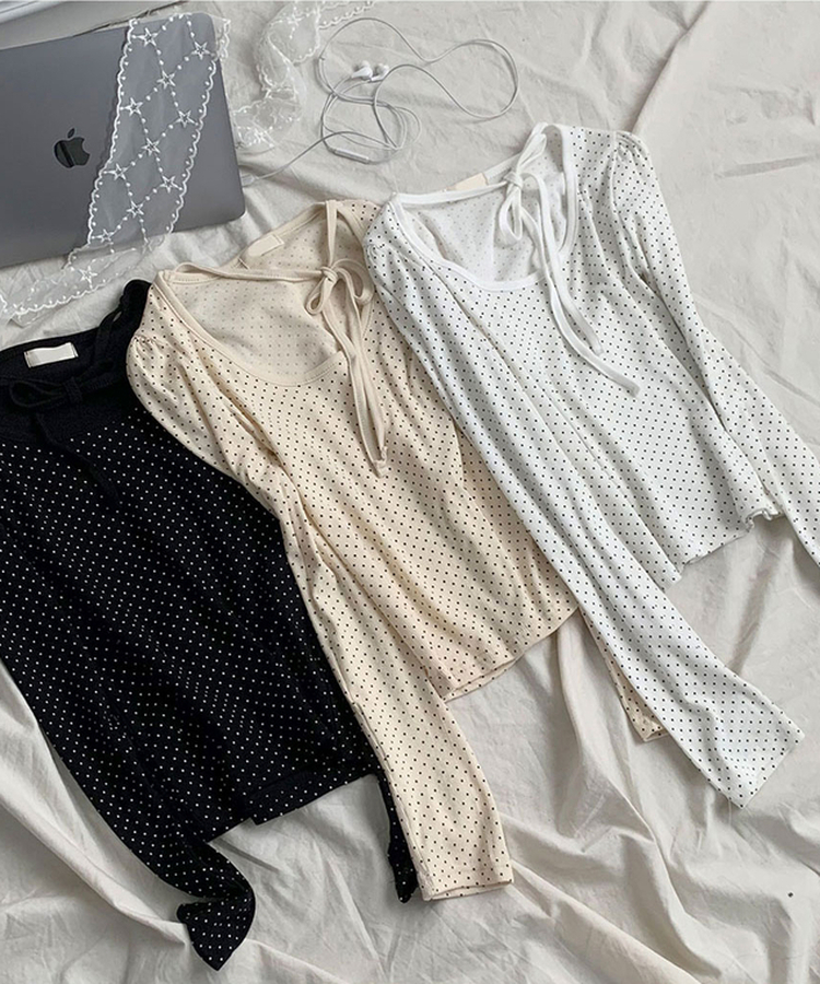 모닝 라운드넥 도트 초커 리본 스트랩 롱슬리브 긴팔티셔츠