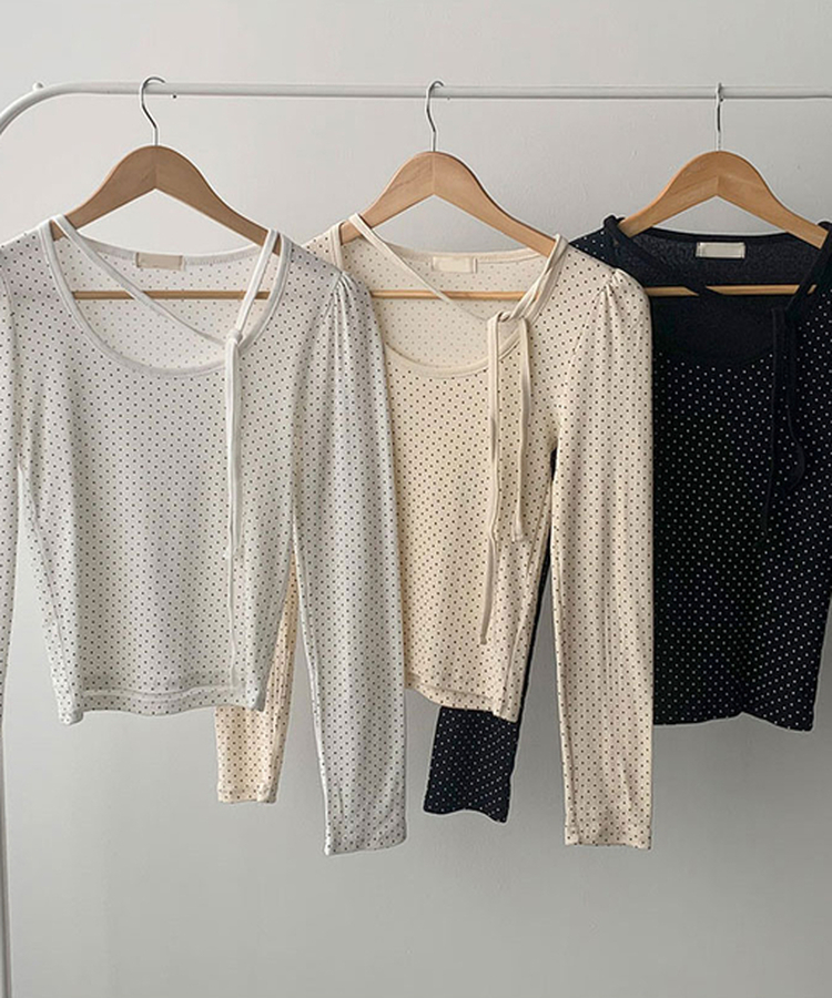 모닝 라운드넥 도트 초커 리본 스트랩 롱슬리브 긴팔티셔츠