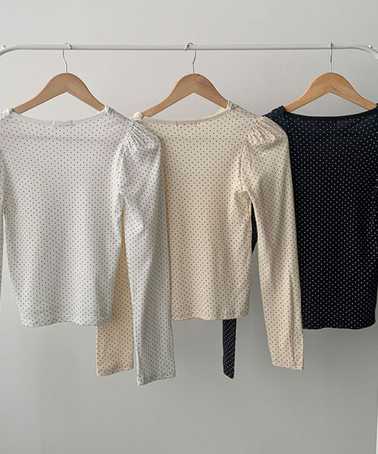 모닝 라운드넥 도트 초커 리본 스트랩 롱슬리브 긴팔티셔츠