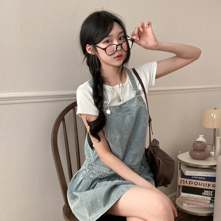 애드 핀턱 플리츠 플레어 오버롤 멜빵 데님 미니 원피스 연청