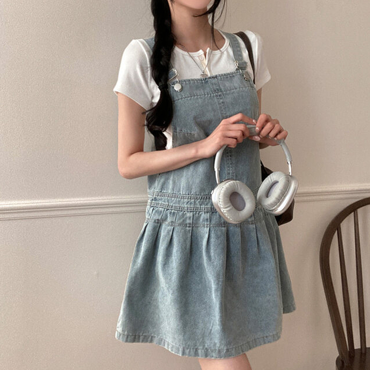 애드 핀턱 플리츠 플레어 오버롤 멜빵 데님 미니 원피스 연청