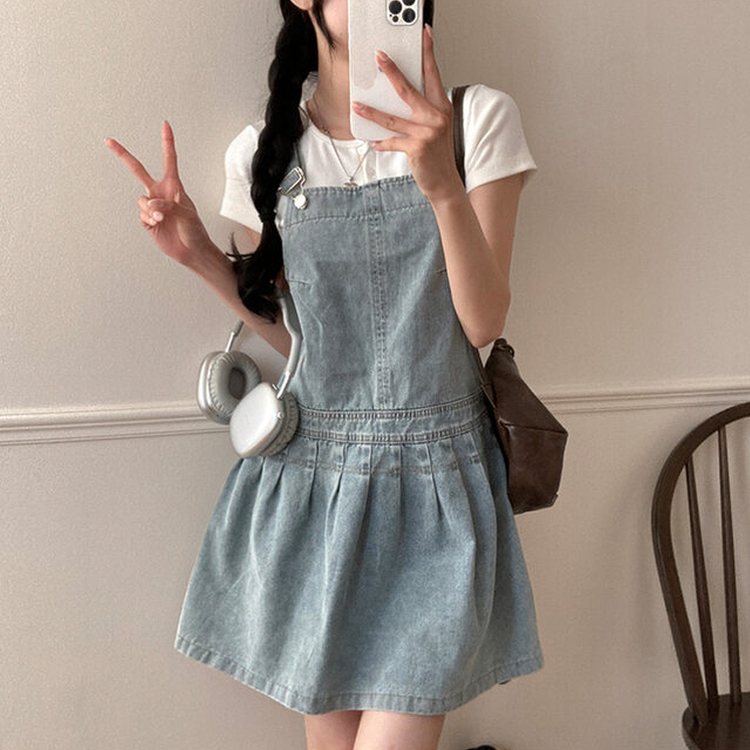 애드 핀턱 플리츠 플레어 오버롤 멜빵 데님 미니 원피스 연청