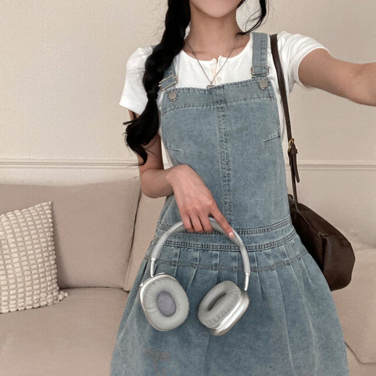 애드 핀턱 플리츠 플레어 오버롤 멜빵 데님 미니 원피스 연청