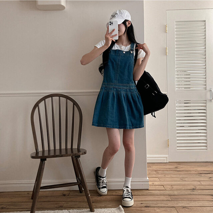 애드 핀턱 플리츠 플레어 오버롤 멜빵 데님 미니 원피스 진청
