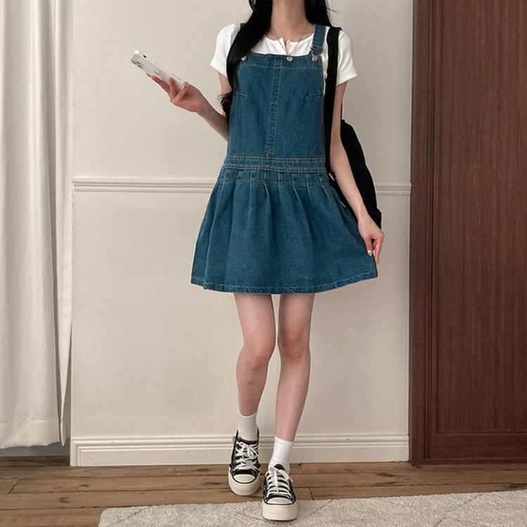 애드 핀턱 플리츠 플레어 오버롤 멜빵 데님 미니 원피스 진청