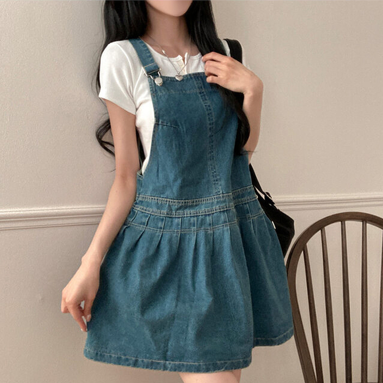 애드 핀턱 플리츠 플레어 오버롤 멜빵 데님 미니 원피스 진청