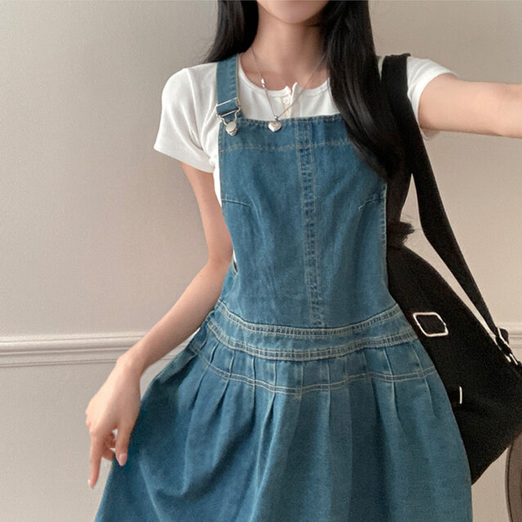 애드 핀턱 플리츠 플레어 오버롤 멜빵 데님 미니 원피스 진청