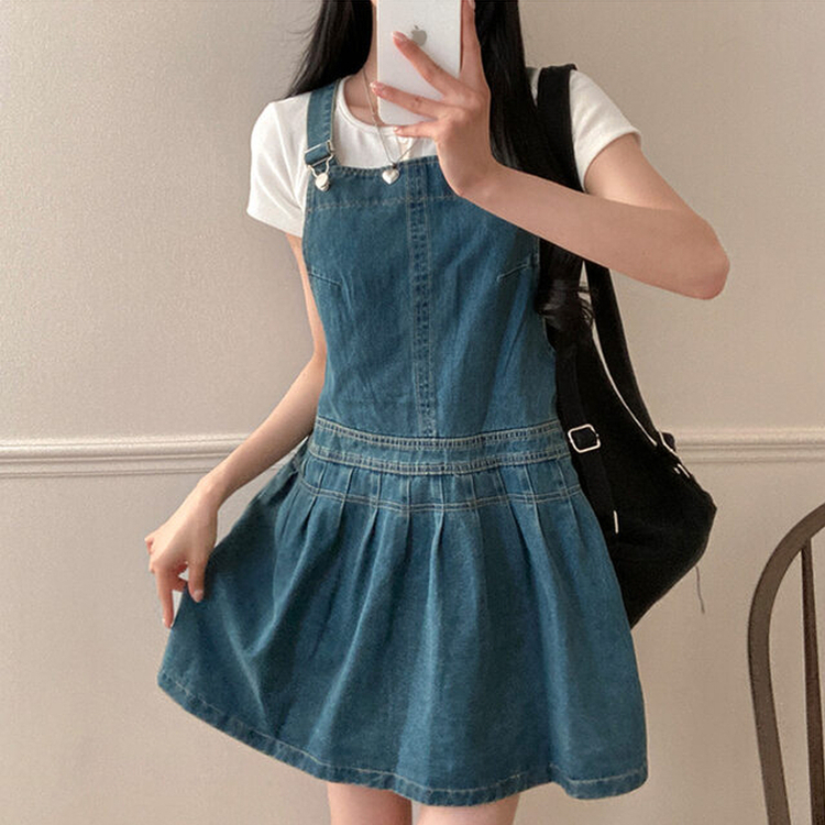 애드 핀턱 플리츠 플레어 오버롤 멜빵 데님 미니 원피스 진청