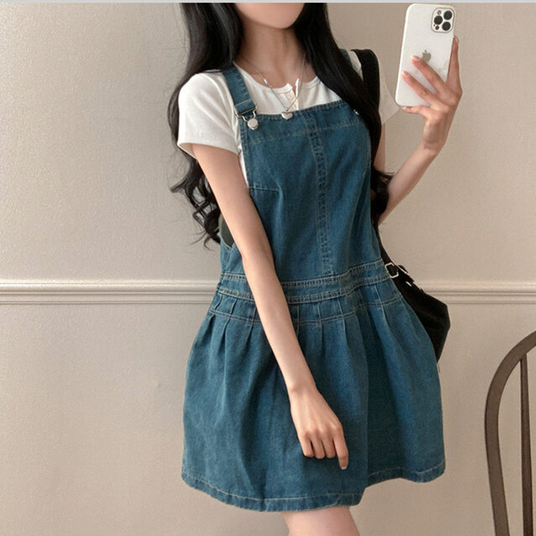 애드 핀턱 플리츠 플레어 오버롤 멜빵 데님 미니 원피스 진청