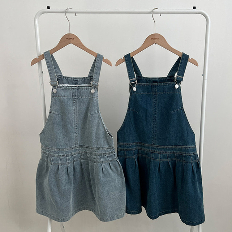 애드 핀턱 플리츠 플레어 오버롤 멜빵 데님 미니 원피스