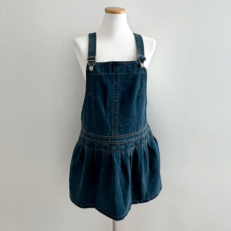 애드 핀턱 플리츠 플레어 오버롤 멜빵 데님 미니 원피스