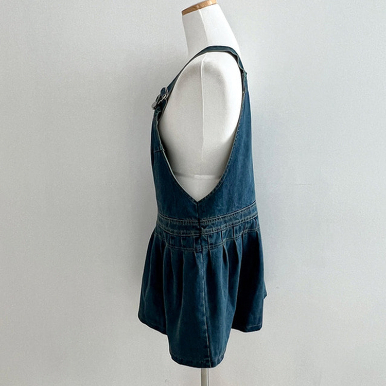 애드 핀턱 플리츠 플레어 오버롤 멜빵 데님 미니 원피스