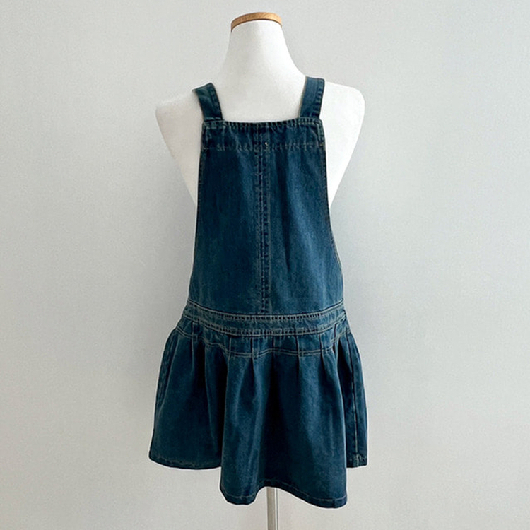 애드 핀턱 플리츠 플레어 오버롤 멜빵 데님 미니 원피스