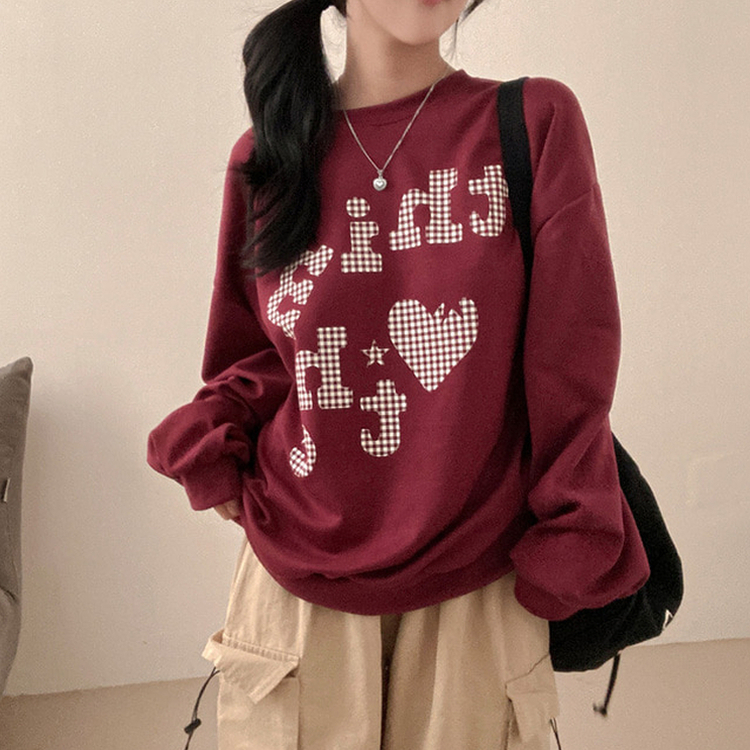 틴에이져 하트 체크패턴 레터링 루즈핏 맨투맨 버건디