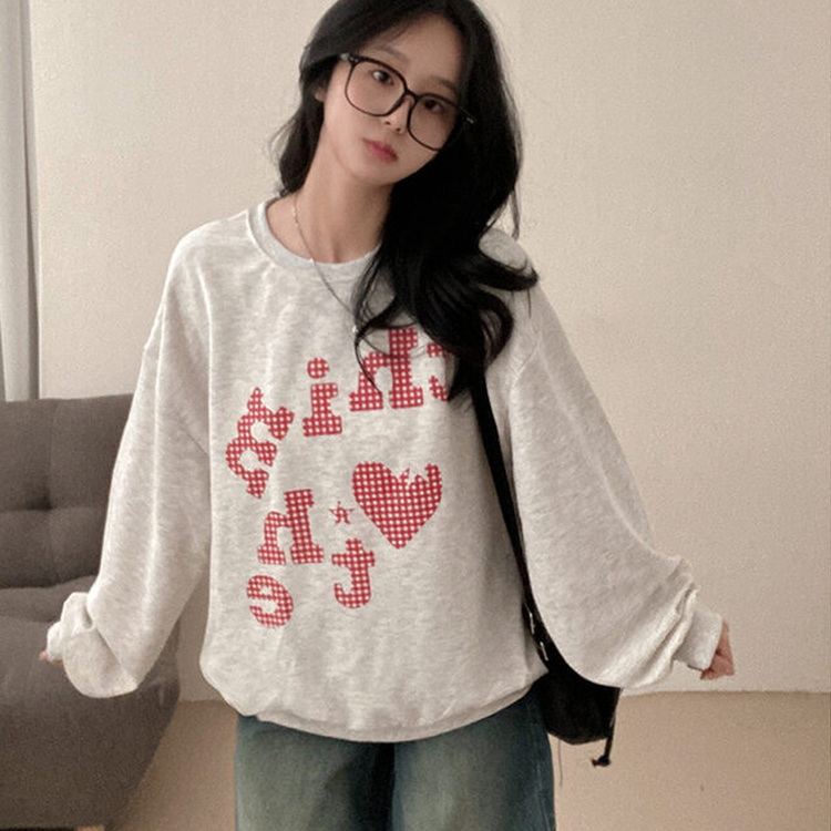 틴에이져 하트 체크패턴 레터링 루즈핏 맨투맨 오트밀