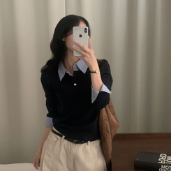 베론 스트라이프 셔츠 니트 네이비