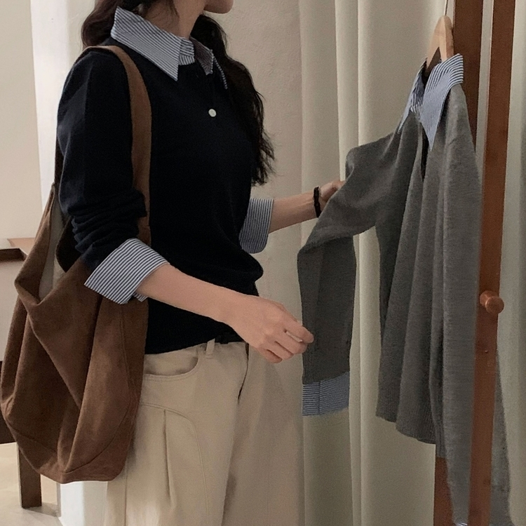 베론 스트라이프 셔츠 니트 네이비