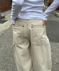 【PREMIUM】刺繍ロングコットンパンツ BEIGE