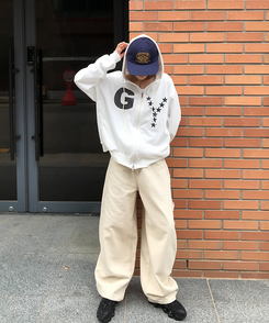 【PREMIUM】刺繍ロングコットンパンツ BEIGE