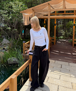 【PREMIUM】刺繍ロングコットンパンツ BLACK