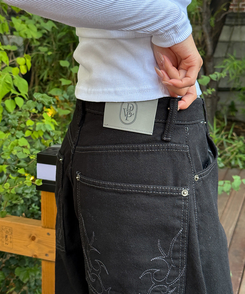 【PREMIUM】刺繍ロングコットンパンツ BLACK