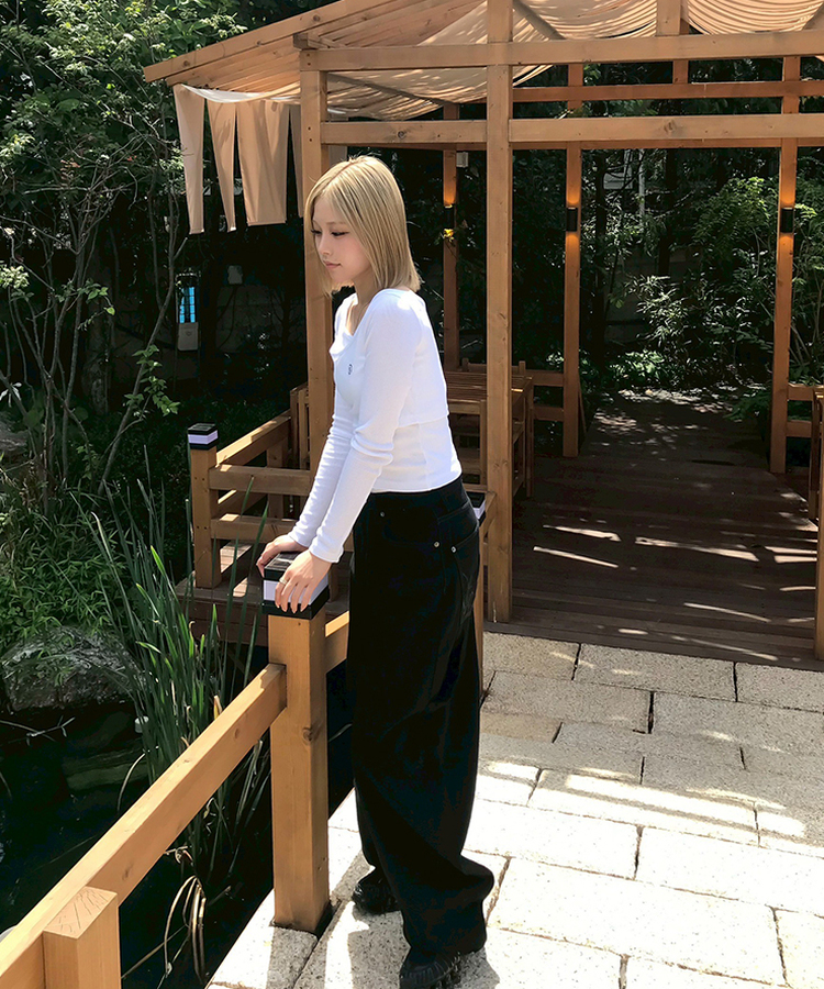 【PREMIUM】刺繍ロングコットンパンツ BLACK