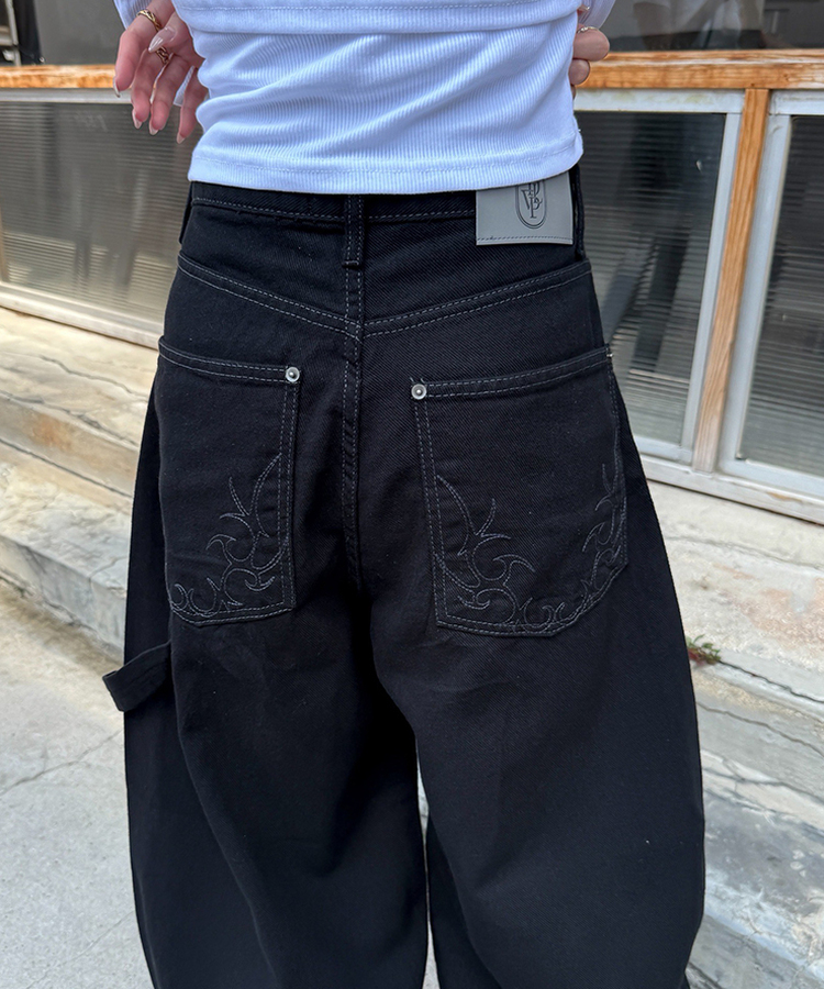 【PREMIUM】刺繍ロングコットンパンツ BLACK