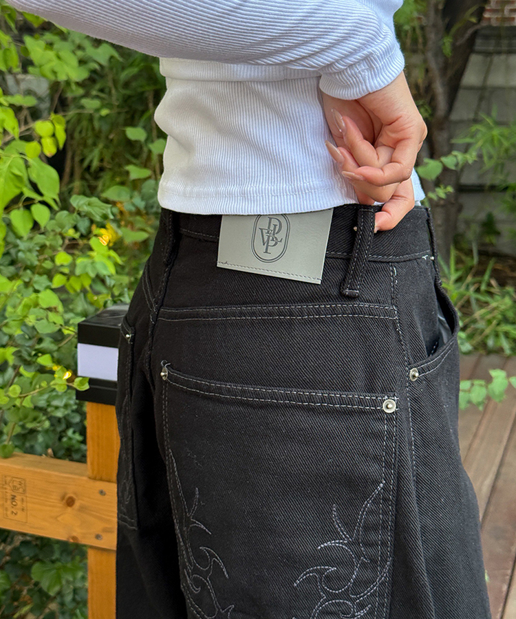 【PREMIUM】刺繍ロングコットンパンツ BLACK