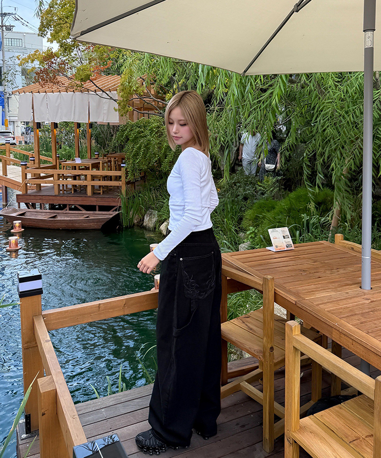 【PREMIUM】刺繍ロングコットンパンツ BLACK