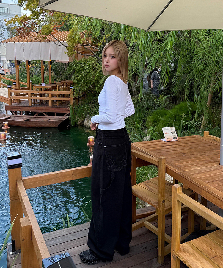 【PREMIUM】刺繍ロングコットンパンツ BLACK