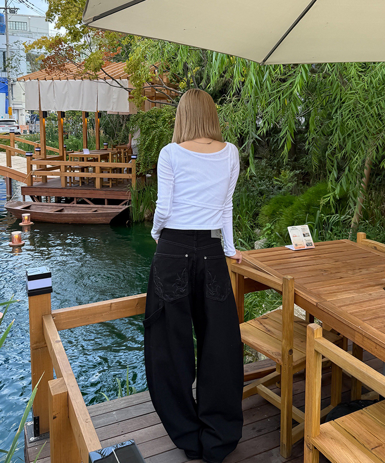 【PREMIUM】刺繍ロングコットンパンツ BLACK