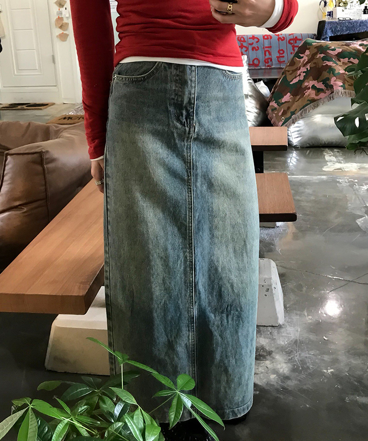 【丈別】スリットウォッシングデニムスカート DENIM