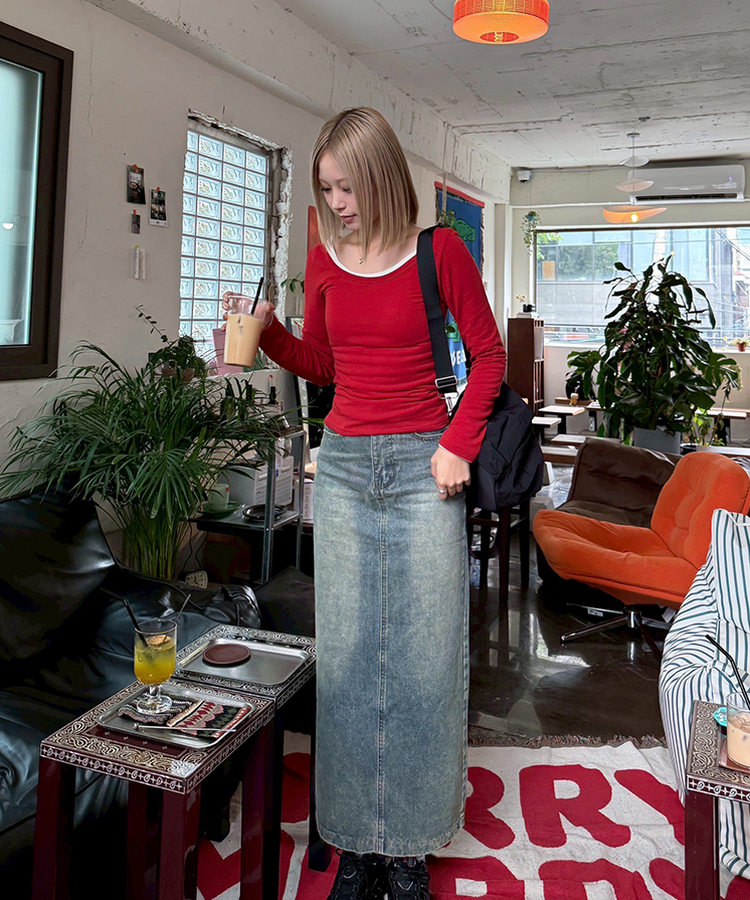 【丈別】スリットウォッシングデニムスカート DENIM